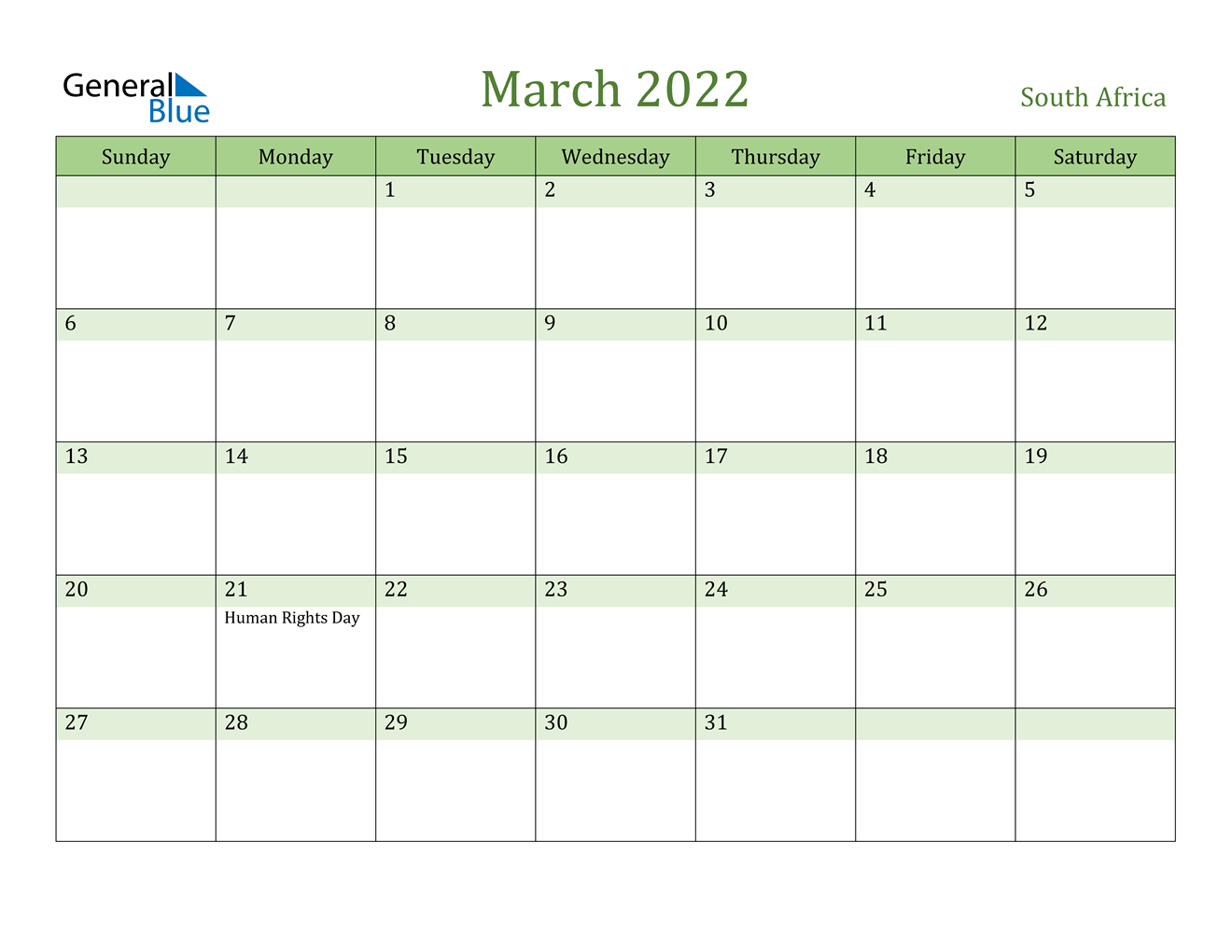 March 2022 Calendar - South Africa-Printable Calendar 2022 South Africa