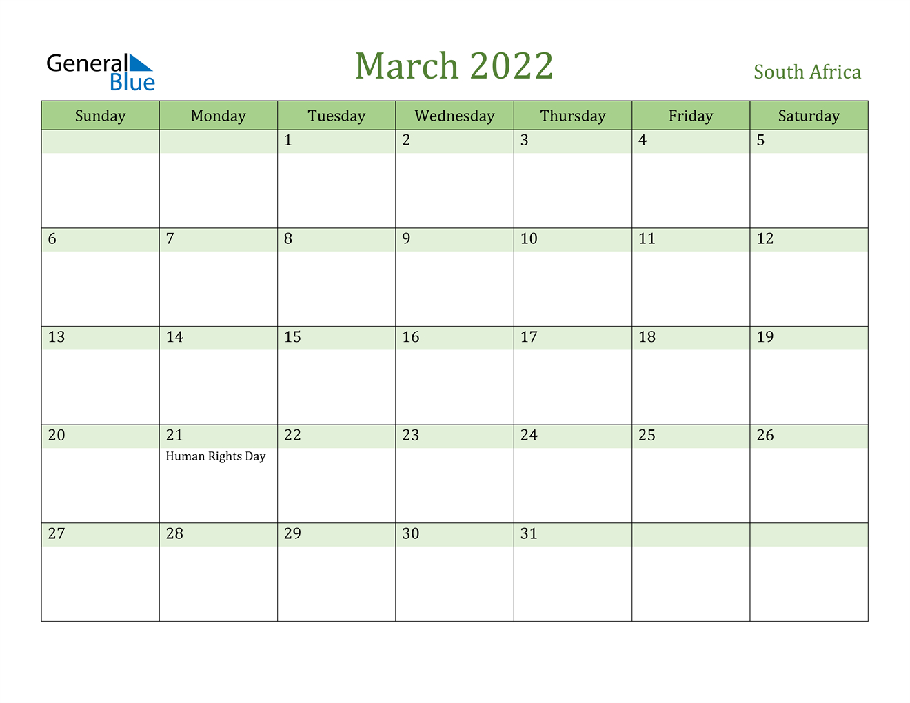 March 2022 Calendar - South Africa-South Africa Holiday Calendar 2022