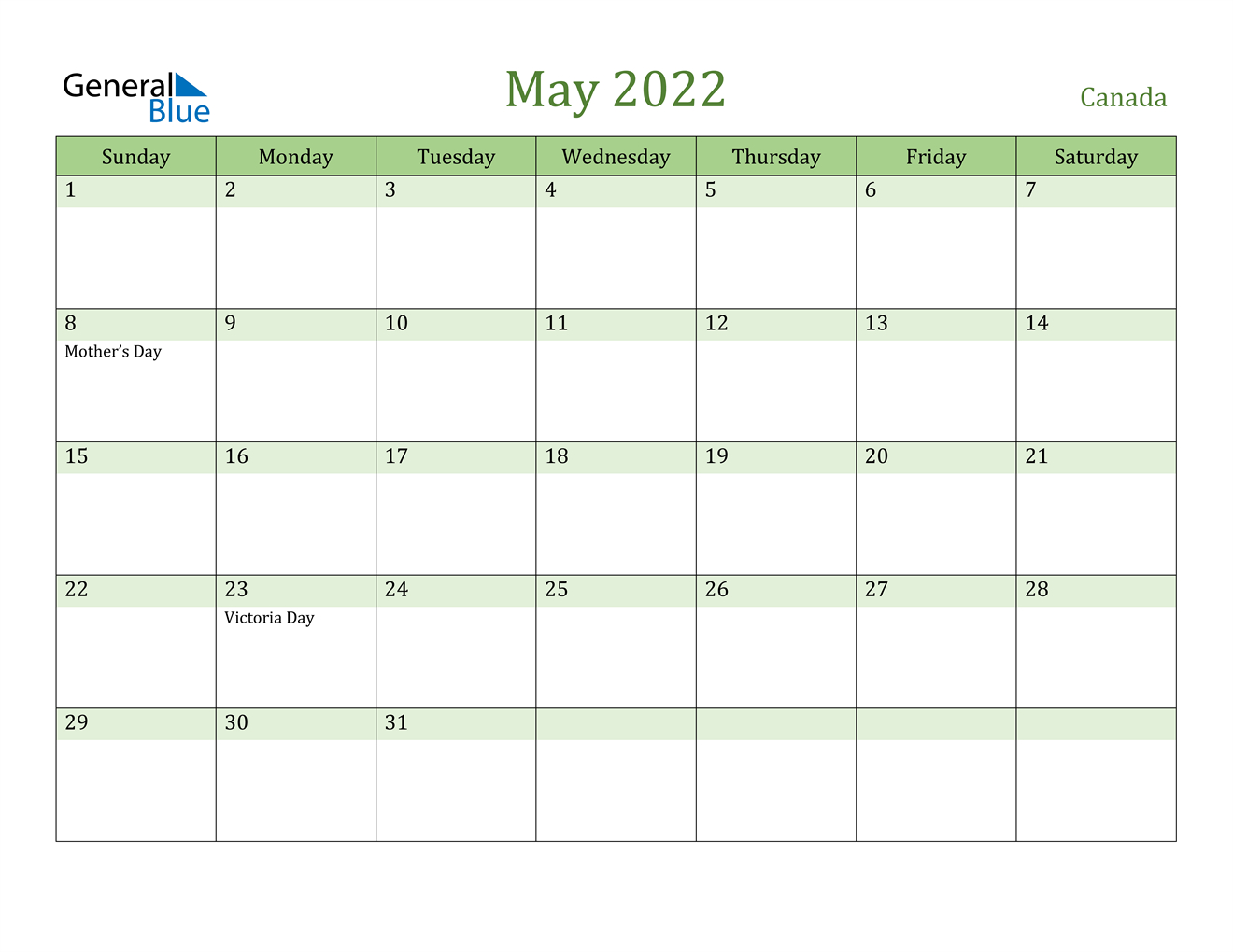 May 2022 Calendar - Canada-2022 Calendar With Holidays Canada