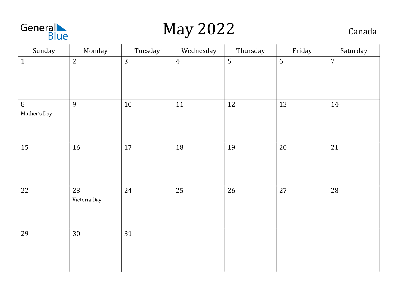May 2022 Calendar - Canada-2022 Printable Monthly Calendar With Holidays