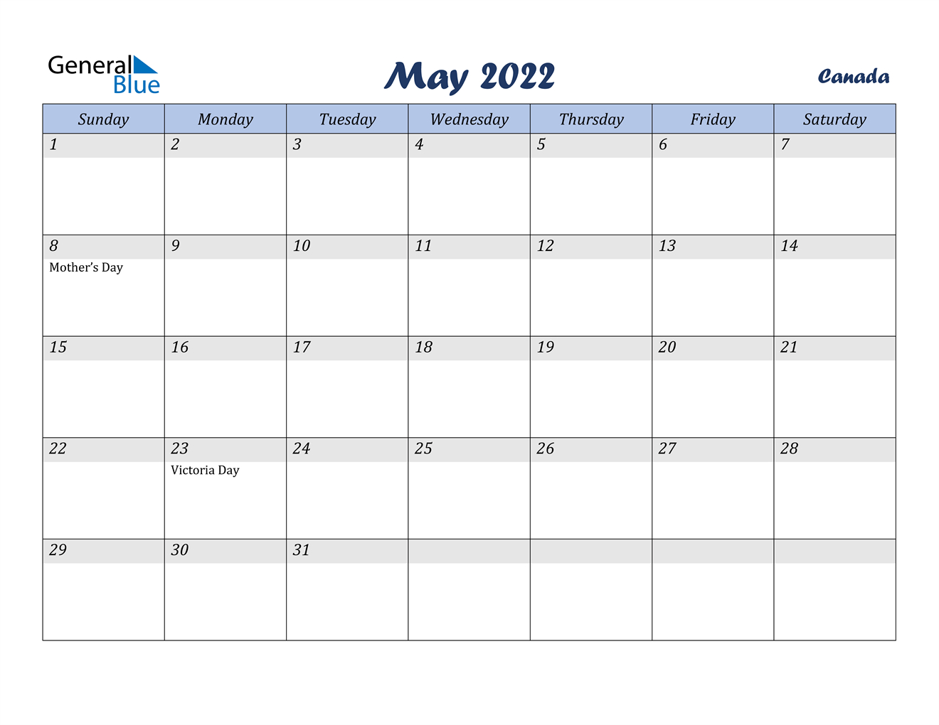 May 2022 Calendar - Canada-Printable Monthly Calendar 2022 Canada