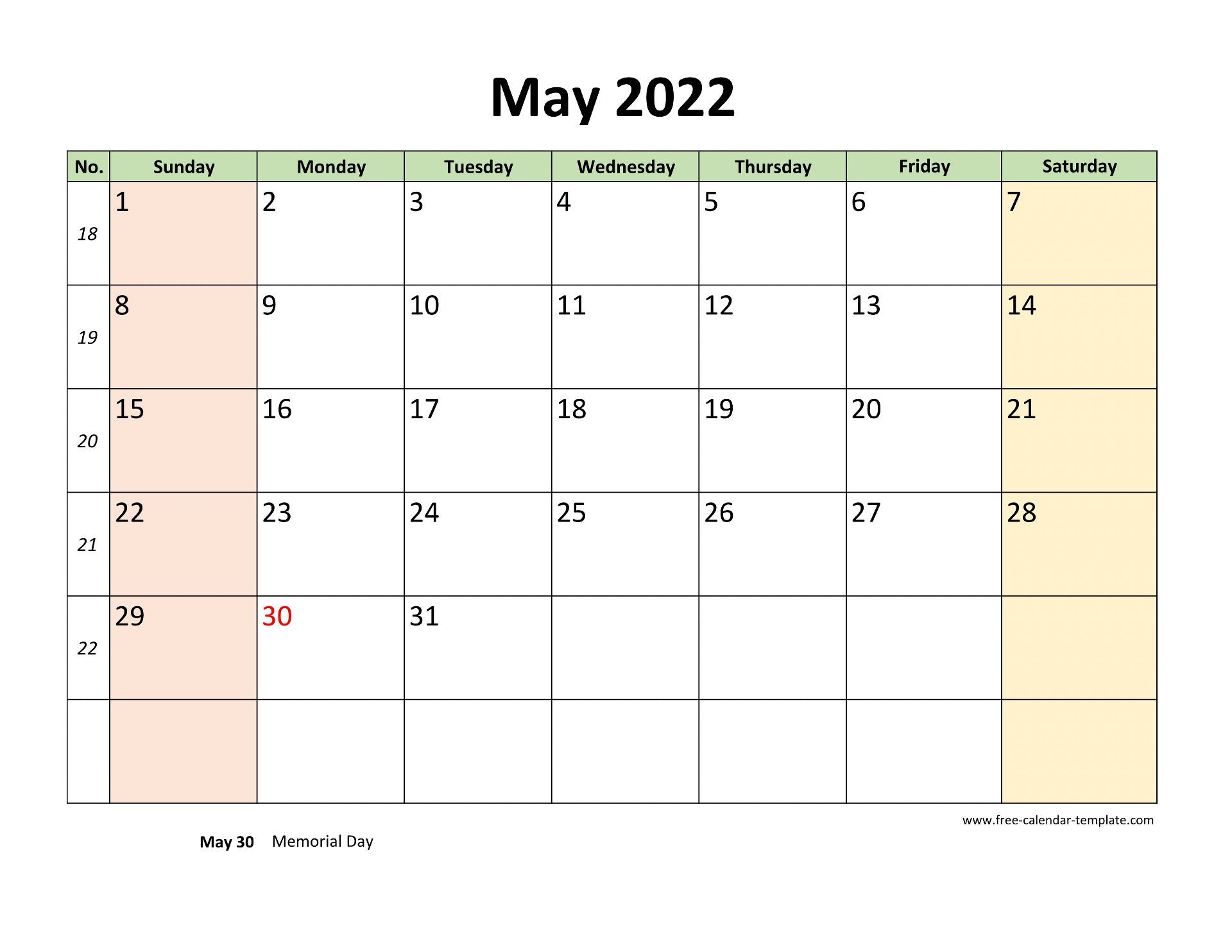 May 2022 Calendar Printable With Coloring On Weekend (Horizontal) | Free-Calendar-Template-2022 Printable Calendar With Notes