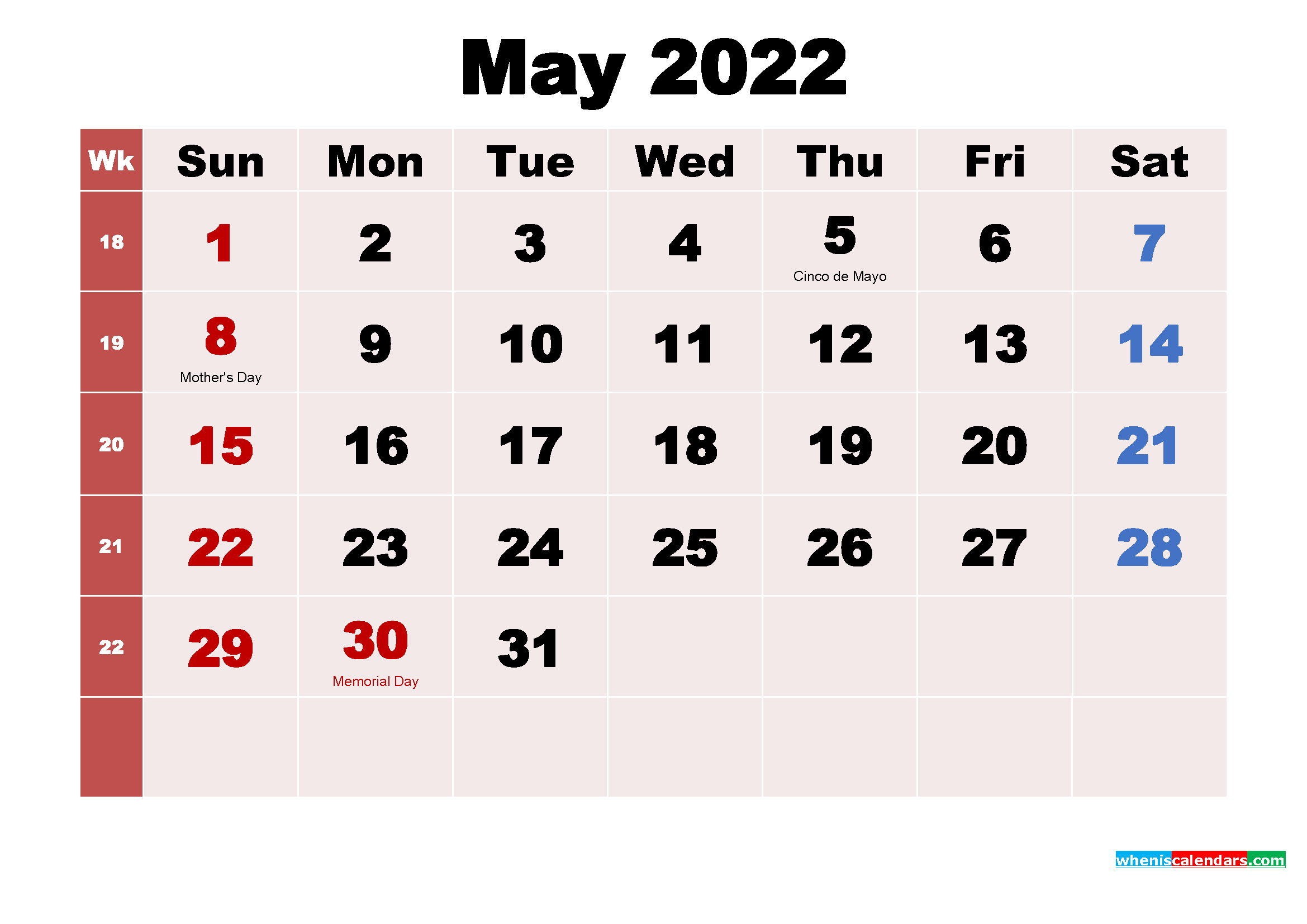 May 2022 Printable Calendar With Holidays-2020 Calendar 2022 Printable With Holidays
