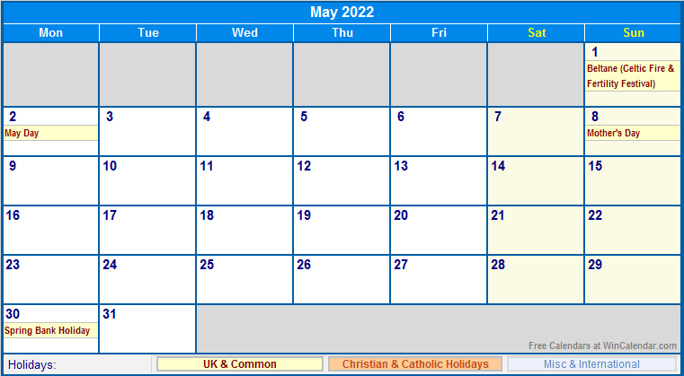 May 2022 Uk Calendar With Holidays For Printing (Image Format)-Calendar 2022 Uk With Bank Holidays