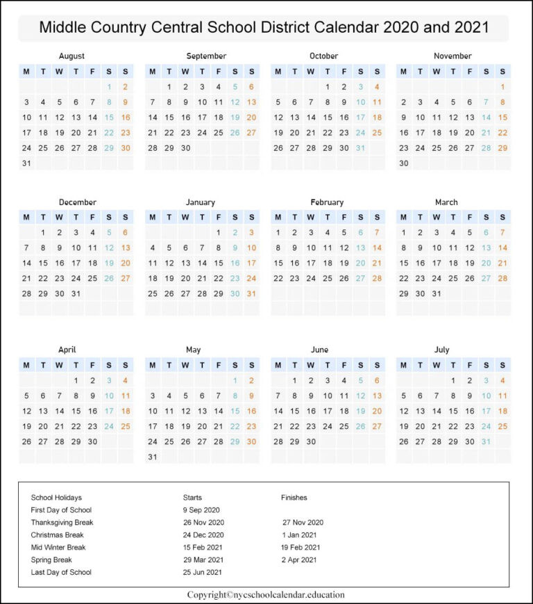 Middle Country Central School District Calendar 2020-2021-York Region School Calendar 2022