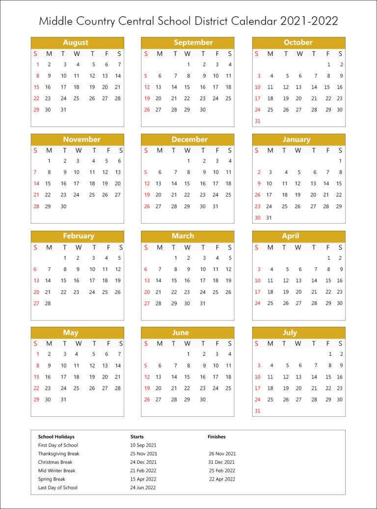 Middle Country Central School District Calendar Holidays 2021-2022-York Region School Calendar 2022