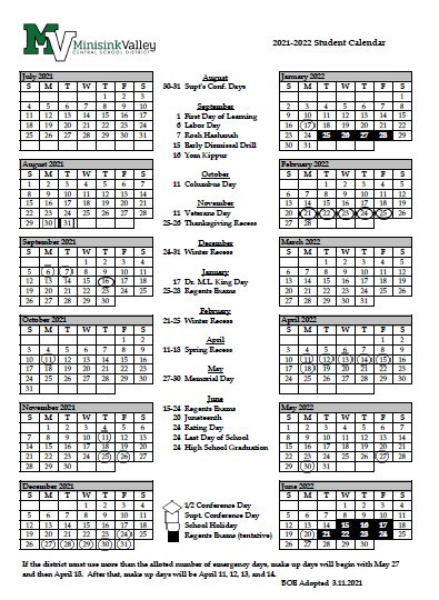 Minisink Valley Central School District Calendar 2021 And 2022-School Calendar 2021 To 2022 New York