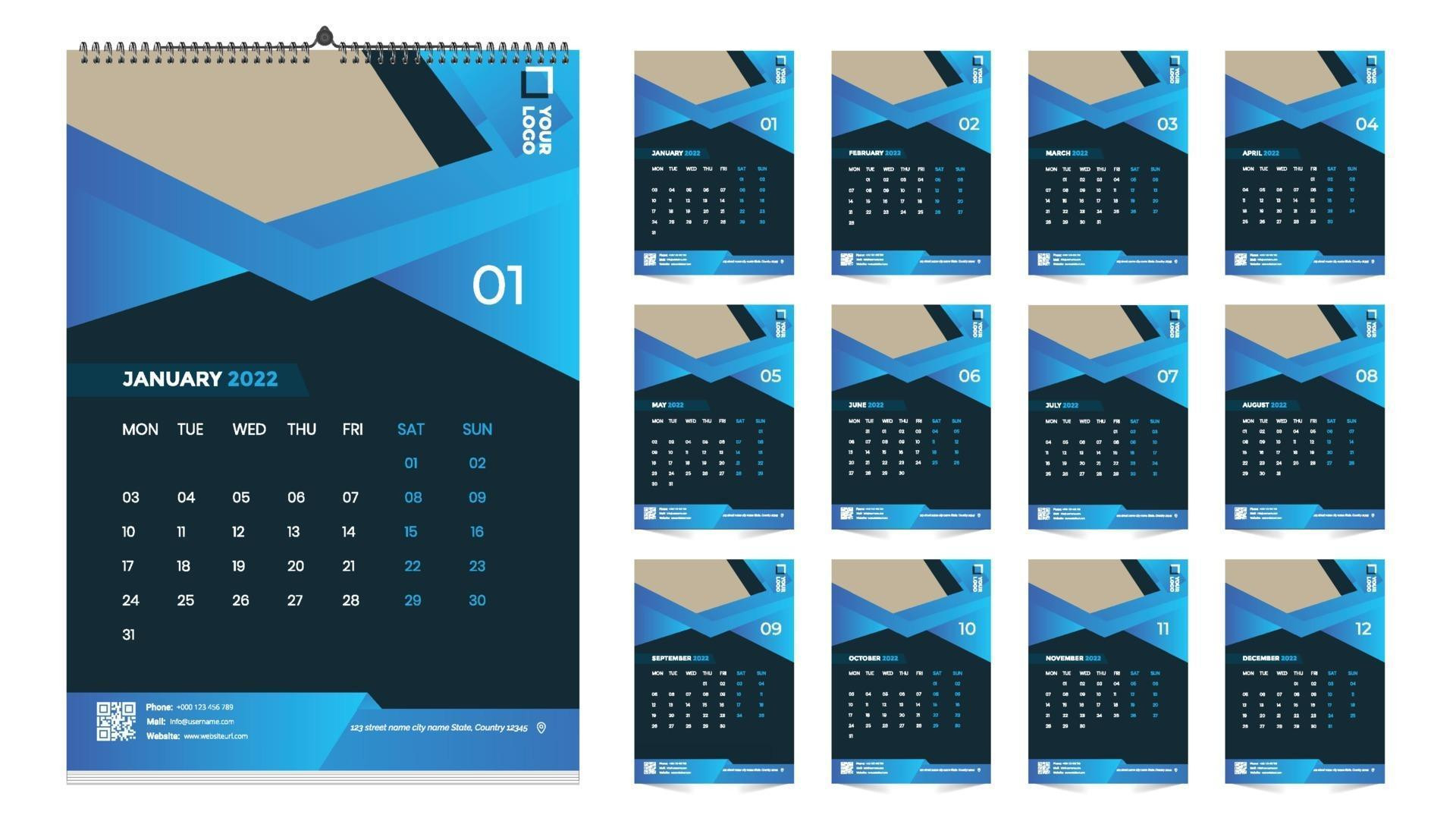 Monthly Wall Calendar Template Design For 2022, Year. Week Starts On-2022 Calendar Vector Free Download