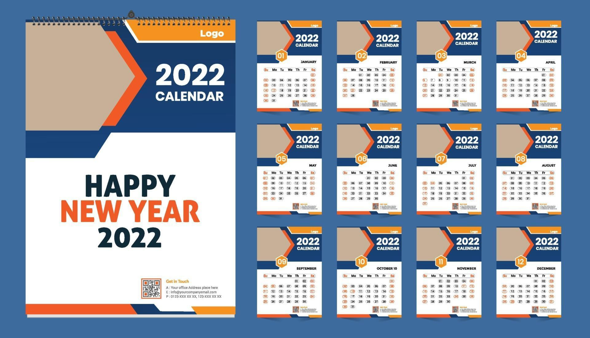 Monthly Wall Calendar Template Design For 2022 Year. Week Starts On-Calendar 2022 Vector Free Download