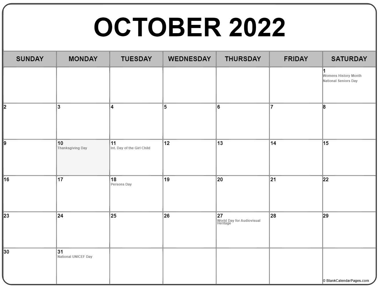 October 2022 With Holidays Calendar-2022 Calendar With Holidays Canada