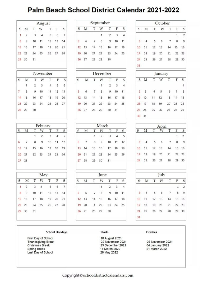 Palm Beach School District Calendar 2021-2022 | School District Calendars-Next Year School Calendar 2022