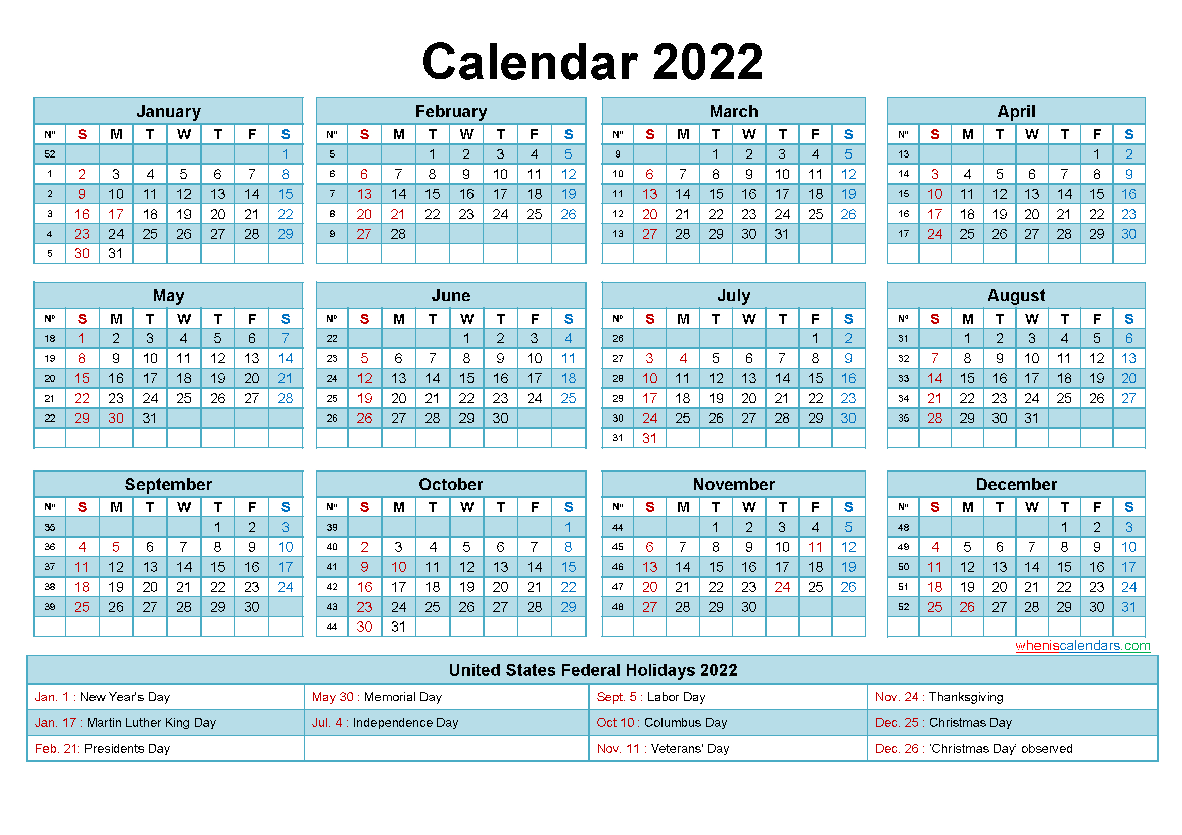 Pdf 2022 Printable Calendar One Page / 2022 Calendar - Free Printable-2022 Calendar With Holidays Printable