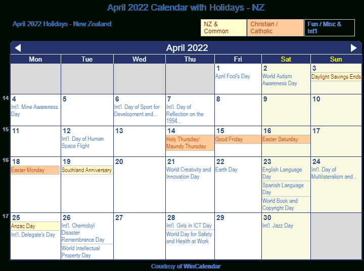 Print Friendly April 2022 New Zealand Calendar For Printing-Free Printable 2022 Calendar With Holidays Nz