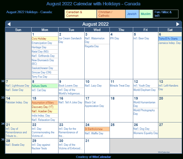 Print Friendly August 2022 Canada Calendar For Printing-2022 Calendar With Holidays Canada