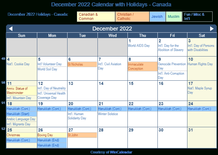 Print Friendly December 2022 Canada Calendar For Printing-Printable 2022 Calendar With Canadian Holidays