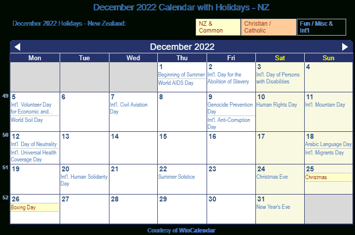 Print Friendly December 2022 New Zealand Calendar For Printing-Free Printable 2022 Calendar With Holidays Nz