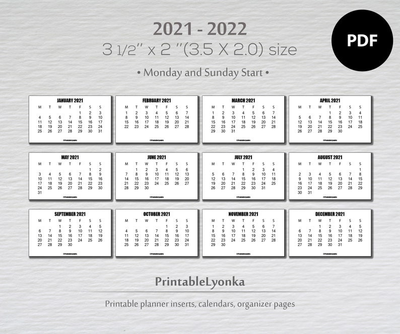 Printable 2021 2022 Mini Calendar 3X3 Inch/Monthly Calendar | Etsy-2021 Calendar 2022 Printable Pdf