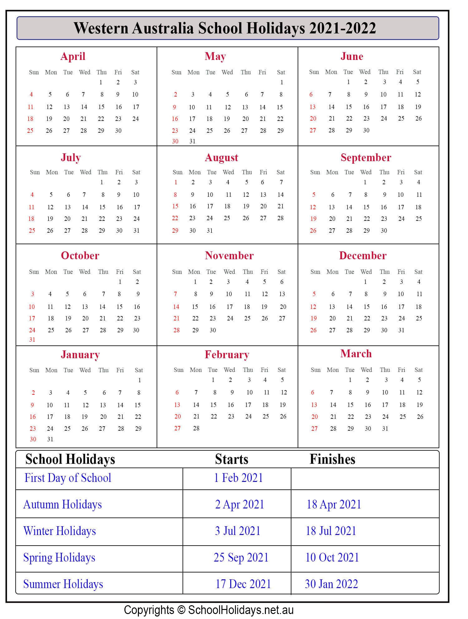 Printable 2021 Calendar Western Australia | Calendar 2021-Nsw Public Holiday Calendar 2022