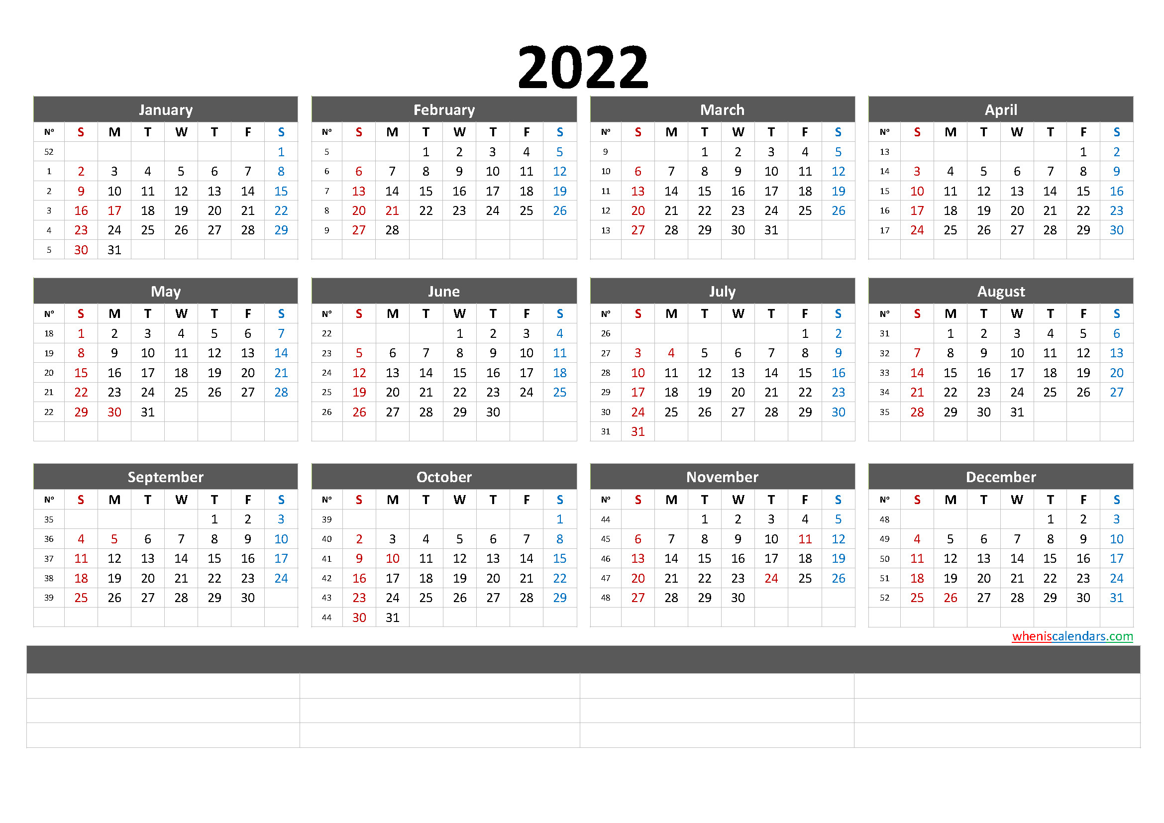Printable 2022 Calendar With Week Numbers (6 Templates)-2022 Printable Calendar With Notes