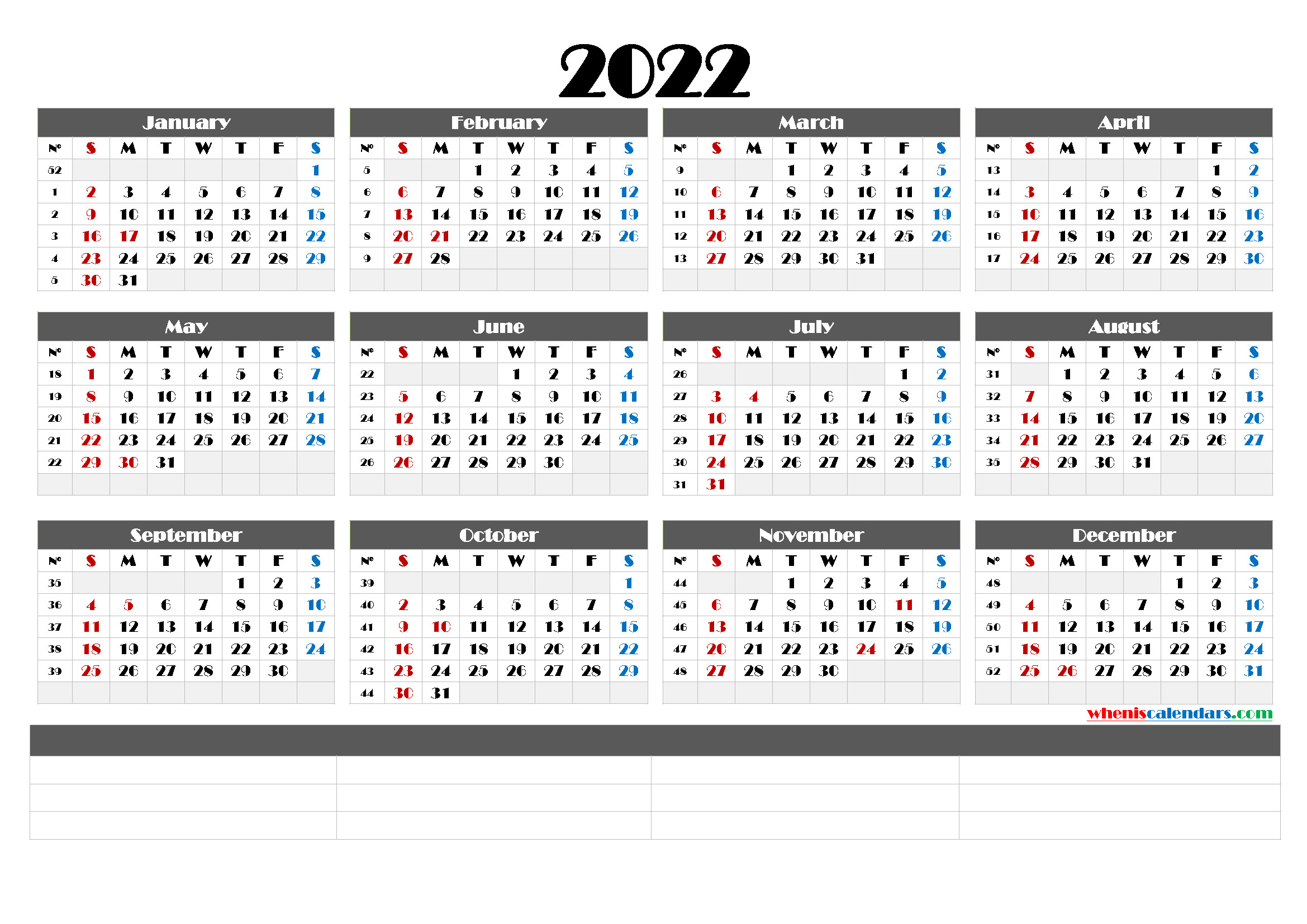 Printable 2022 Yearly Calendar - Calendraex-Time And Date Calendar 2022 Printable