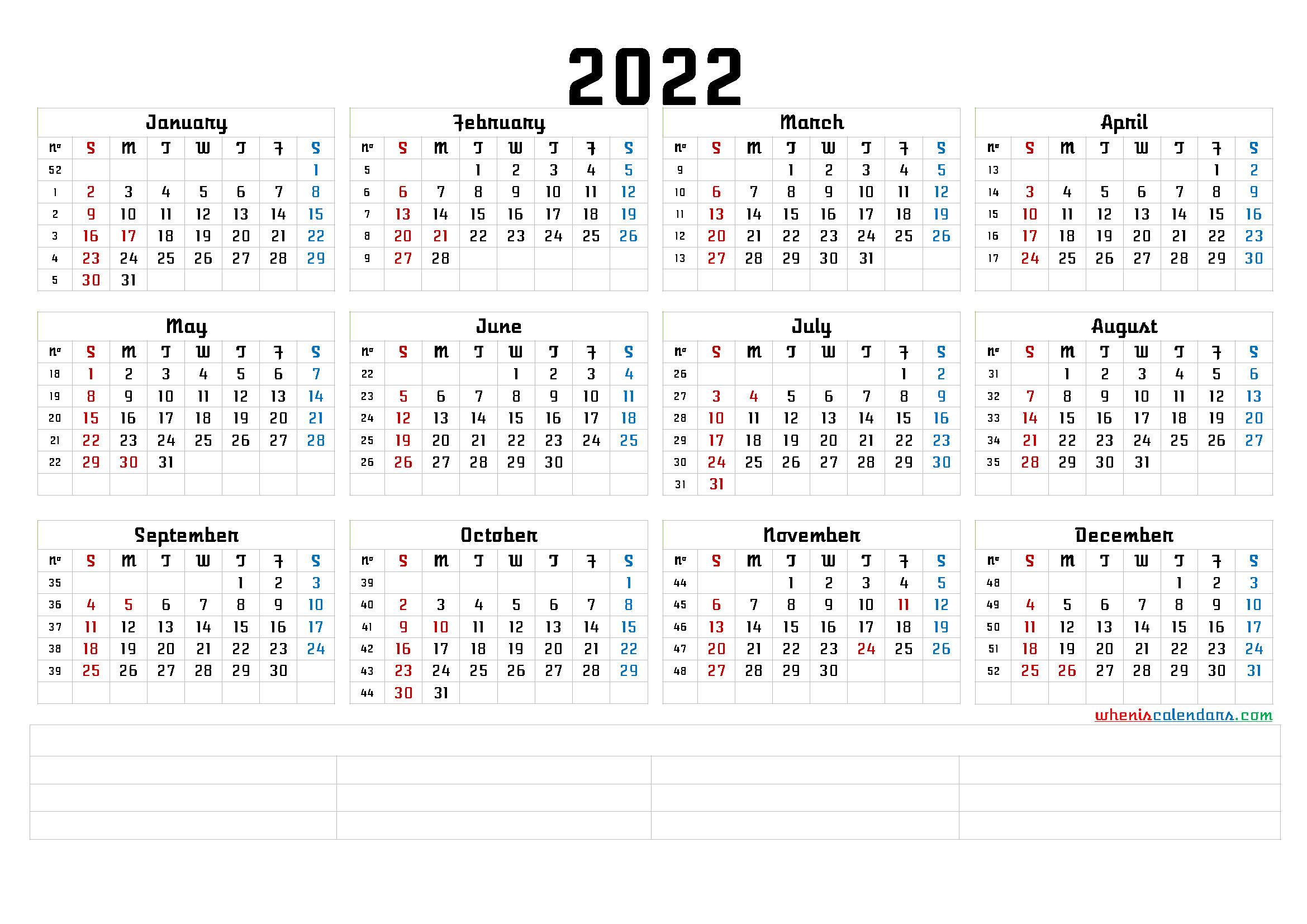 Printable 2022 Yearly Calendar With Week Numbers (6 Templates)-Yearly Calendar 2022 Free Printable