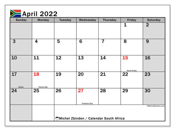 Printable April 2022 &quot;South Africa (Ss)&quot; Calendar - Michel Zbinden En-Holiday Calendar 2022 South Africa