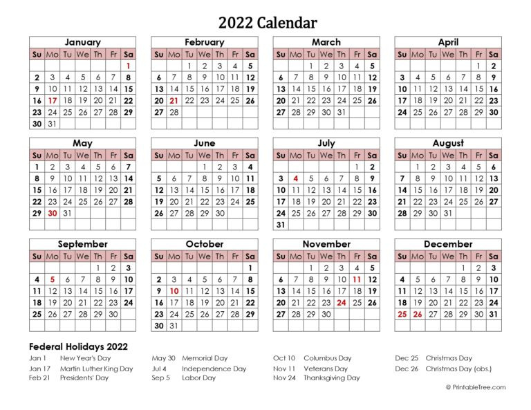 Printable Calendar 2022 One Page With Holidays (Single Page) 2022-2022 Us Federal Holiday Calendar