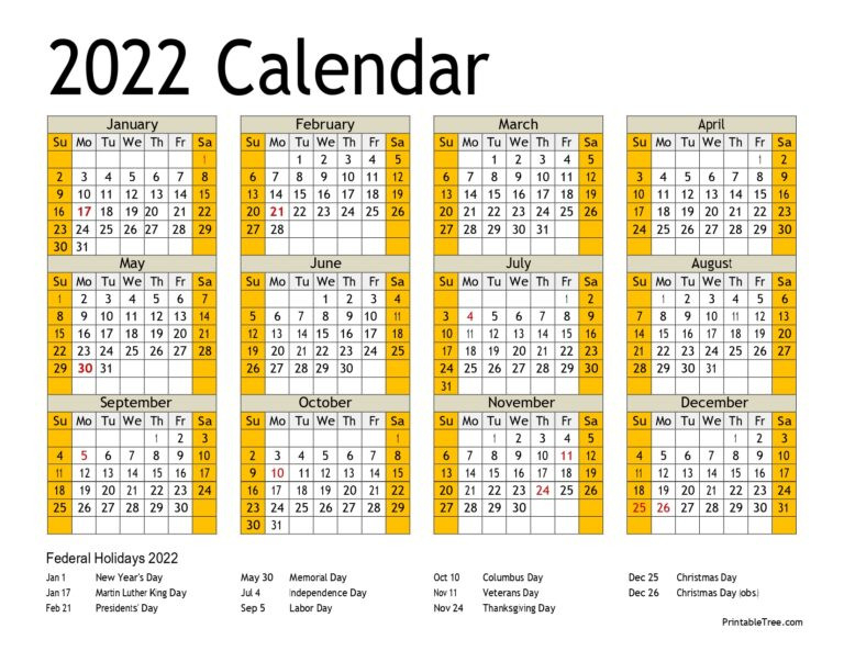 Printable Calendar 2022 One Page With Holidays (Single Page) 2022-2022 Us Federal Holiday Calendar