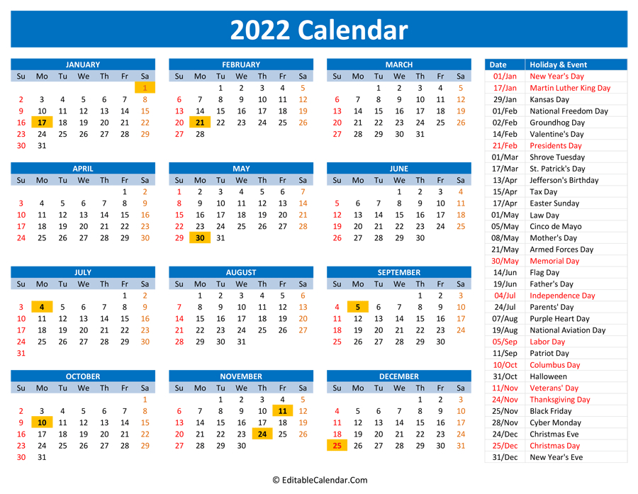 Printable Calendar 2022 / Printable Yearly Calendar 2022 With Us-Download Calendar 2022 Pdf Versi Lama