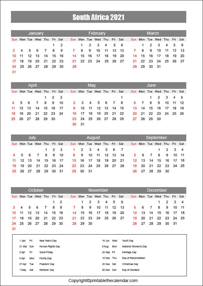 Printable Calendar Year Planner 2021 South Africa / January 2021-2022 Calendar South Africa With Public Holidays Pdf