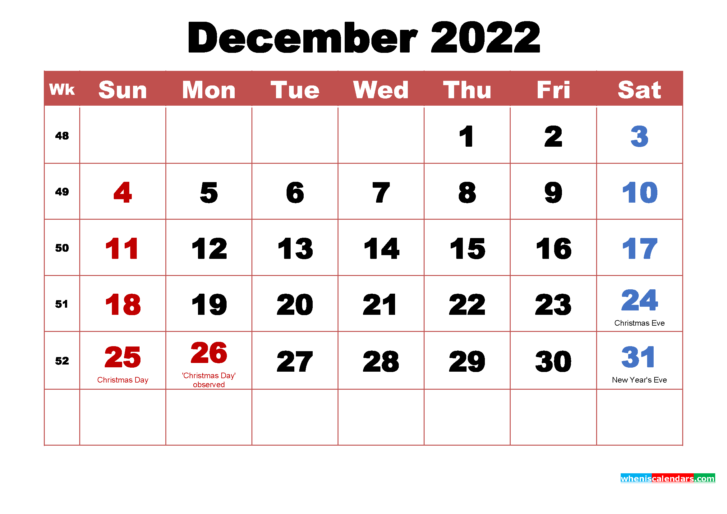 Printable December 2022 Calendar With Holidays Word, Pdf-2022 Printable Monthly Calendar With Holidays