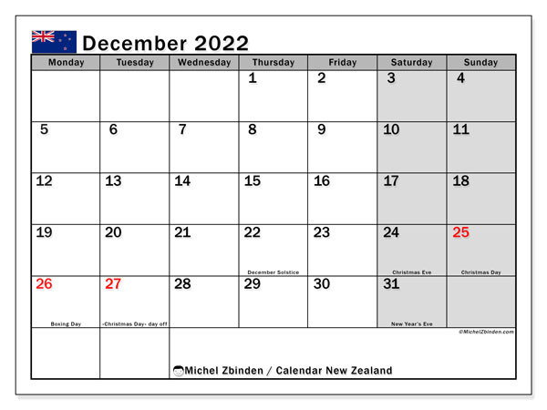 Printable December 2022 &quot;New Zealand&quot; Calendar - Michel Zbinden En-Free Printable 2022 Calendar With Holidays Nz