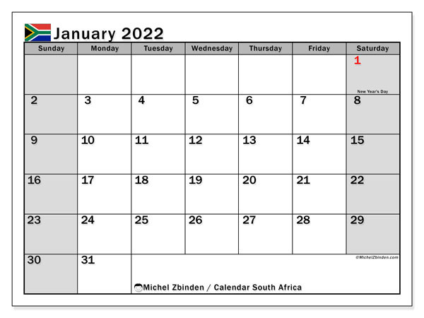Printable January 2022 &quot;South Africa (Ss)&quot; Calendar - Michel Zbinden En-Printable Calendar 2022 South Africa