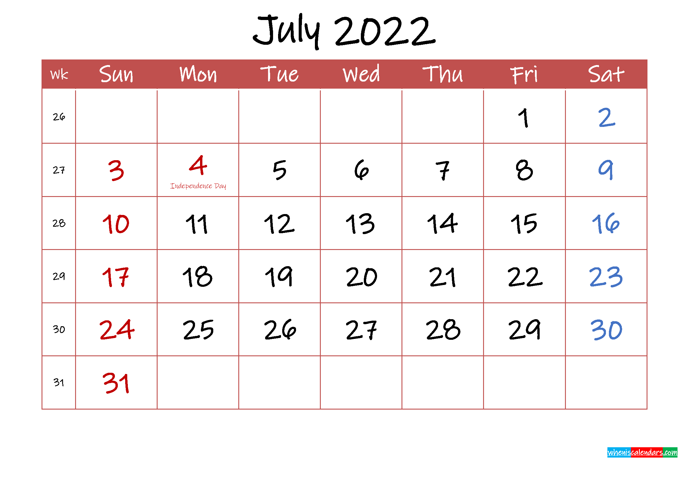 Printable July 2022 Calendar With Holidays - Template Ink22M31-2022 Printable Monthly Calendar With Holidays