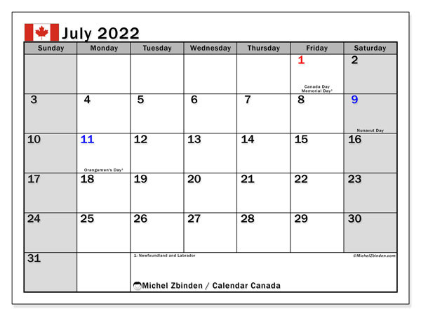 Printable July 2022 &quot;Canada&quot; Calendar - Michel Zbinden En-Printable Monthly Calendar 2022 Canada
