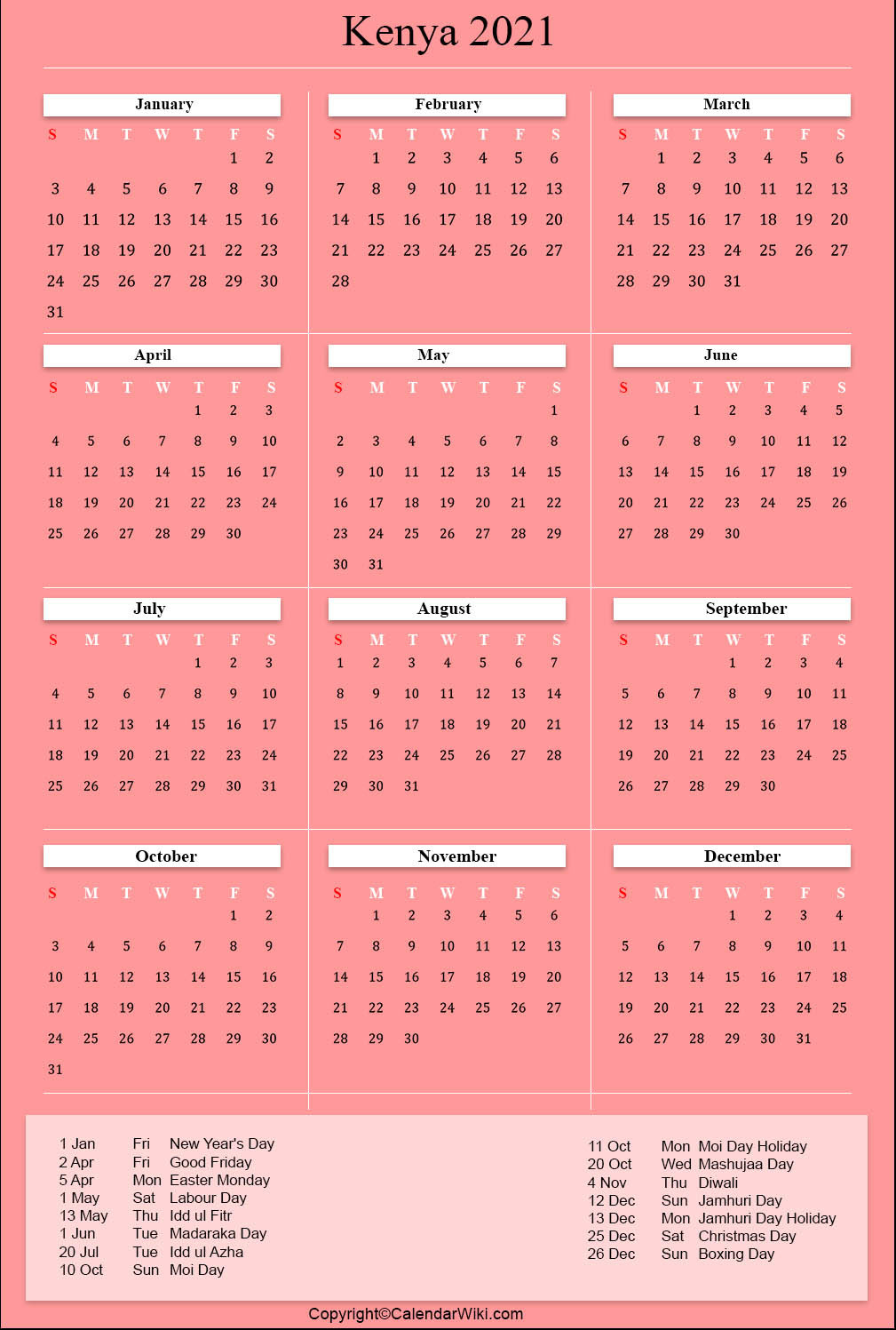 Printable Kenya Calendar 2021 With Holidays [Public Holidays]-School Calendar 2021 To 2022 Kenya Pdf