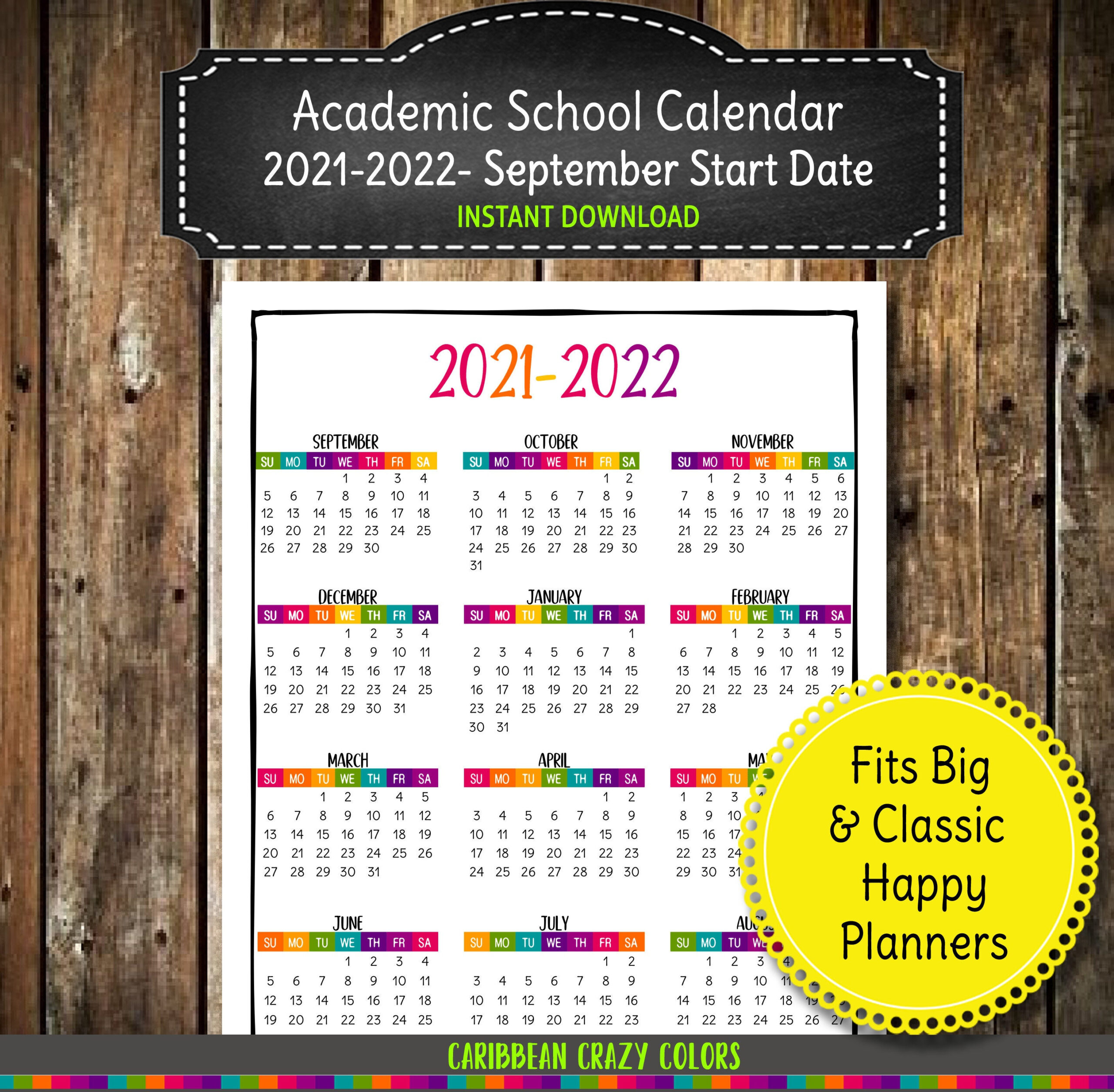 Printable School Year Calendar At A Glance 2021-2022 Wall | Etsy-Calendar 2021 And 2022 Printable