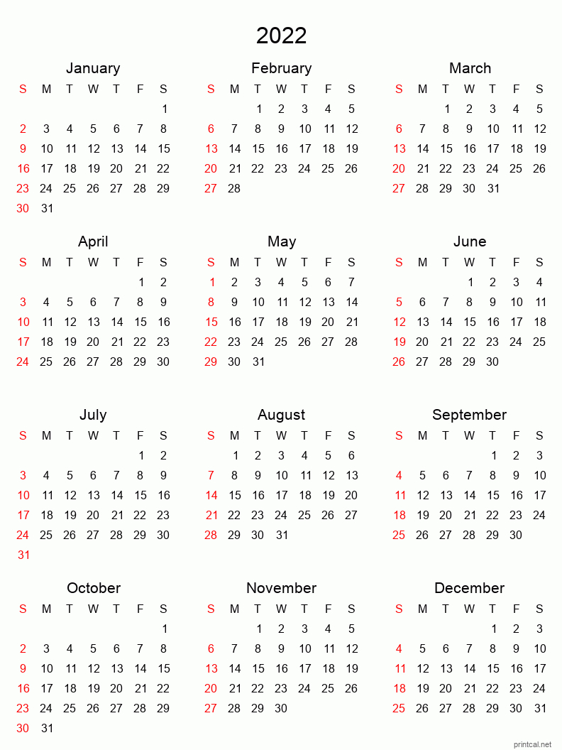 Printable Yearly Calendar 2022, Full-Year | Free Printable Calendars-Download Calendar 2022 Pdf Online