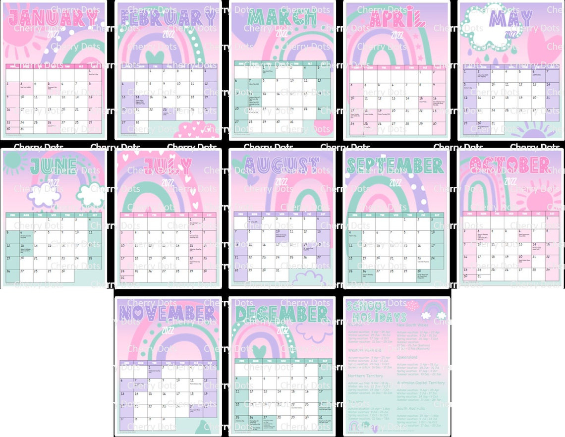 Rainbows Printable Wall Calendar 2022 / 12 Months With | Etsy-2022 Calendar Australia With School Holidays