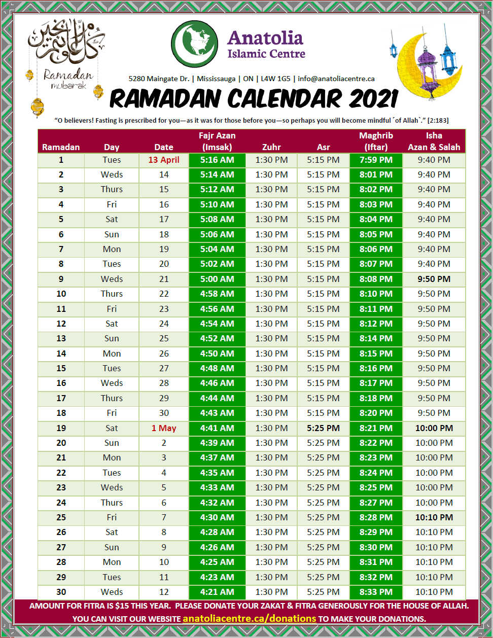 Ramadan Calendar 2021 - Anatolia Islamic Centre-Calendar 2022 With Islamic Dates