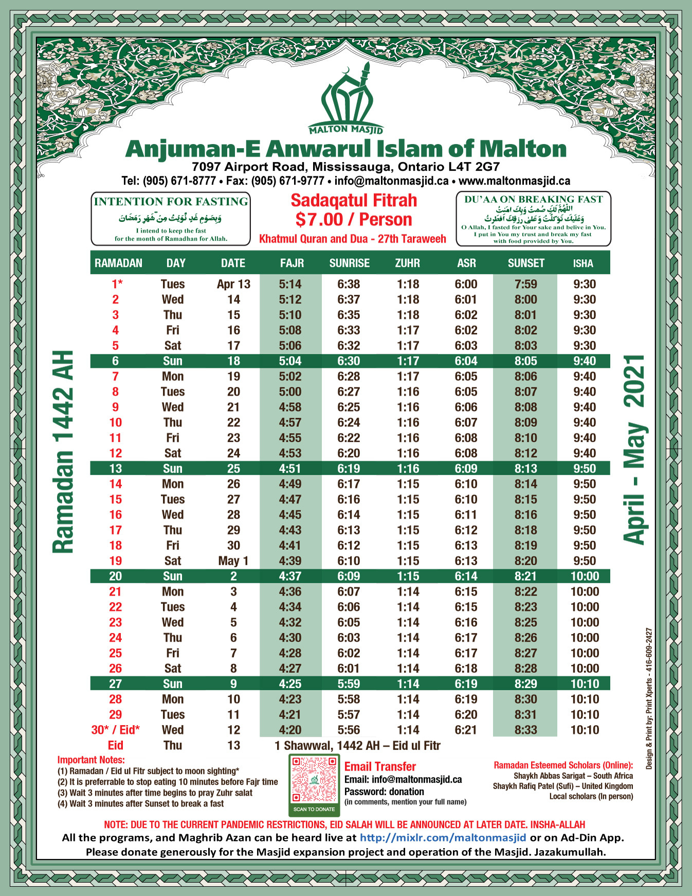 Ramadan Calendar - 2021 - Malton Masjid-Calendar 2022 With Islamic Dates