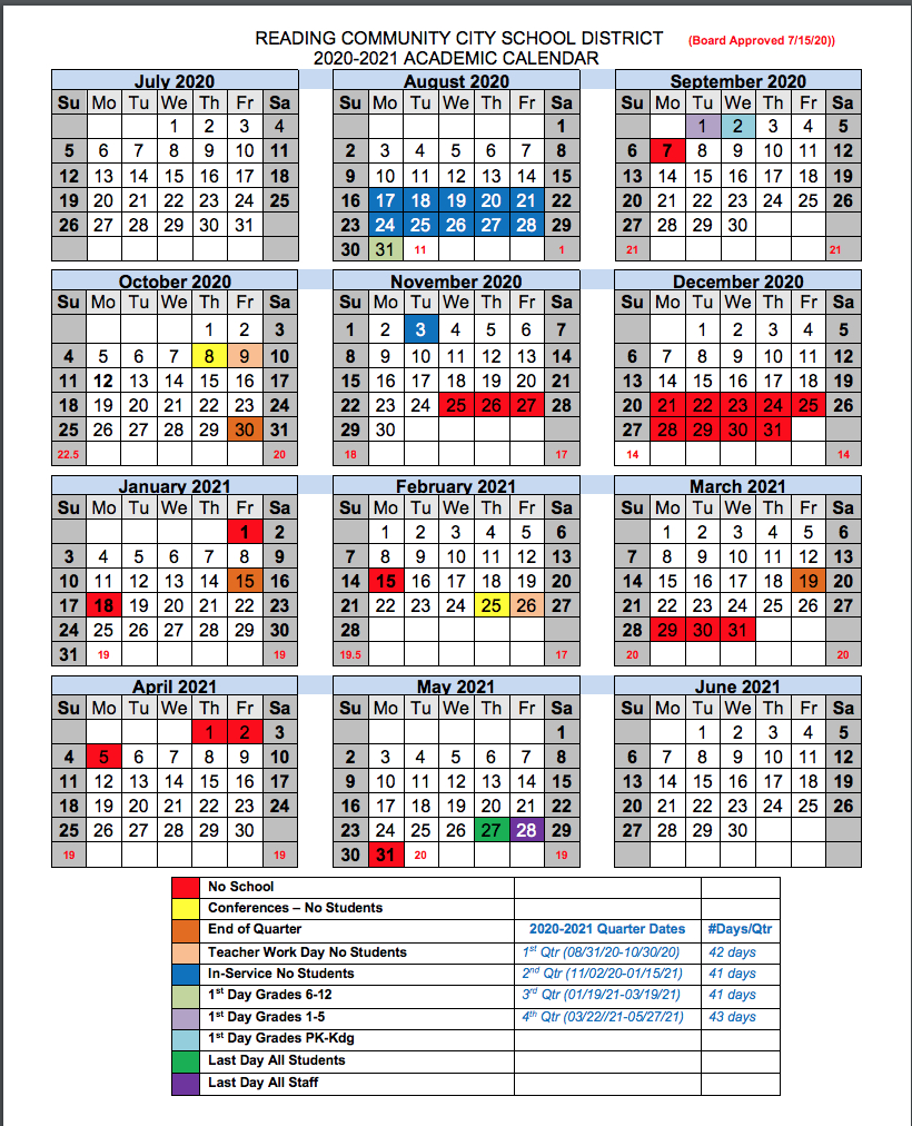 Reading Community City School District-School Calendar 2021 To 2022 Deped