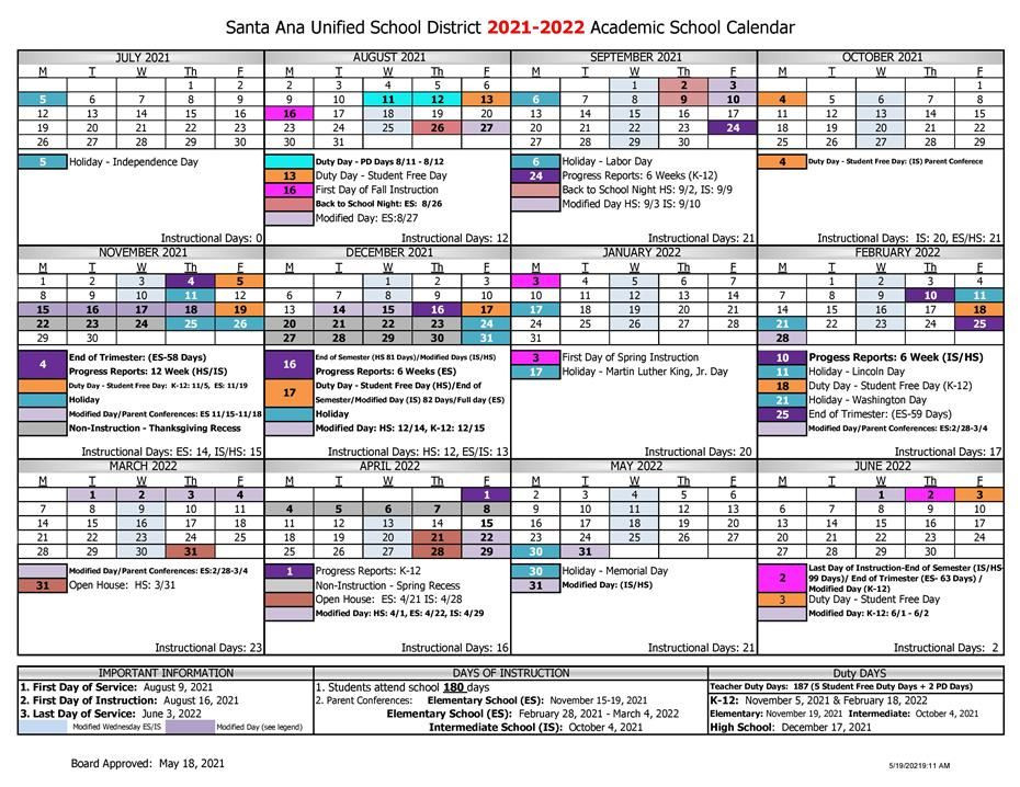 Santa Ana Unified School District 2021-2022 Academic School Calendar-School Calendar 2021 To 2022 California