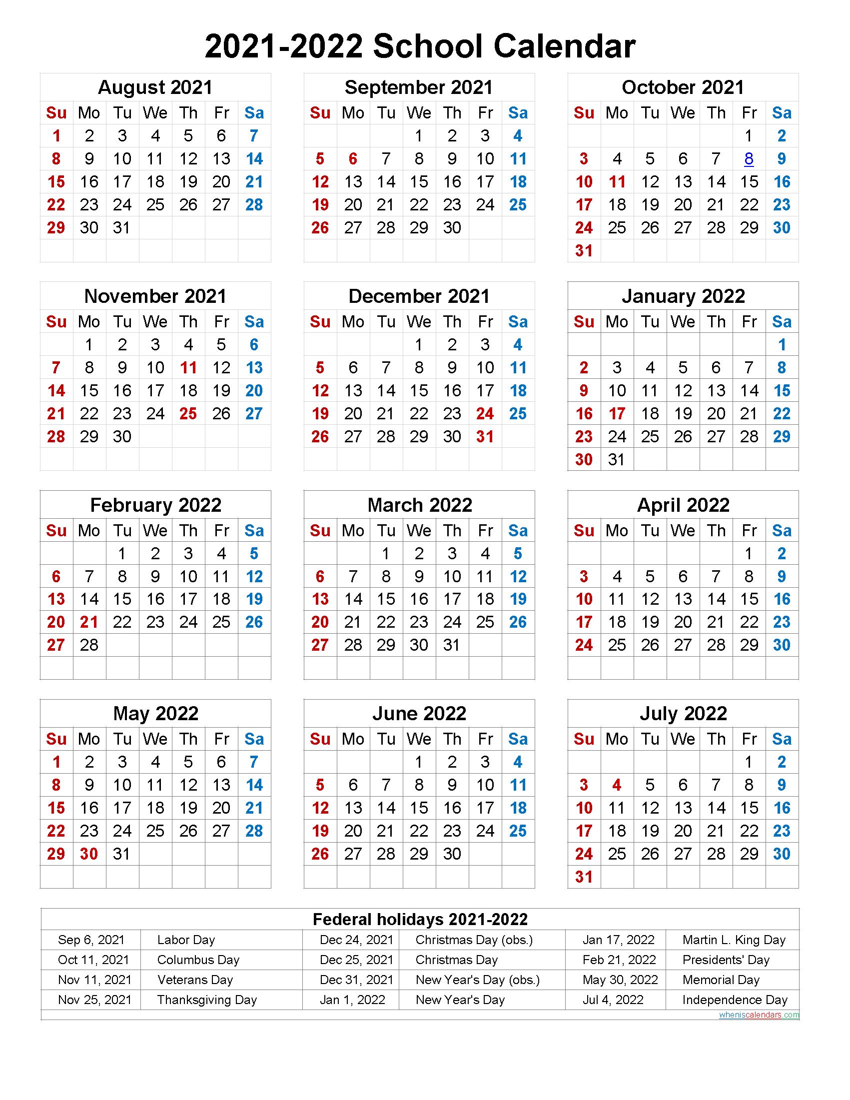 School Calendar 2021 And 2022 Printable (Portrait)- Template No.scl22A24-Printable 2 Year Calendar 2021 And 2022