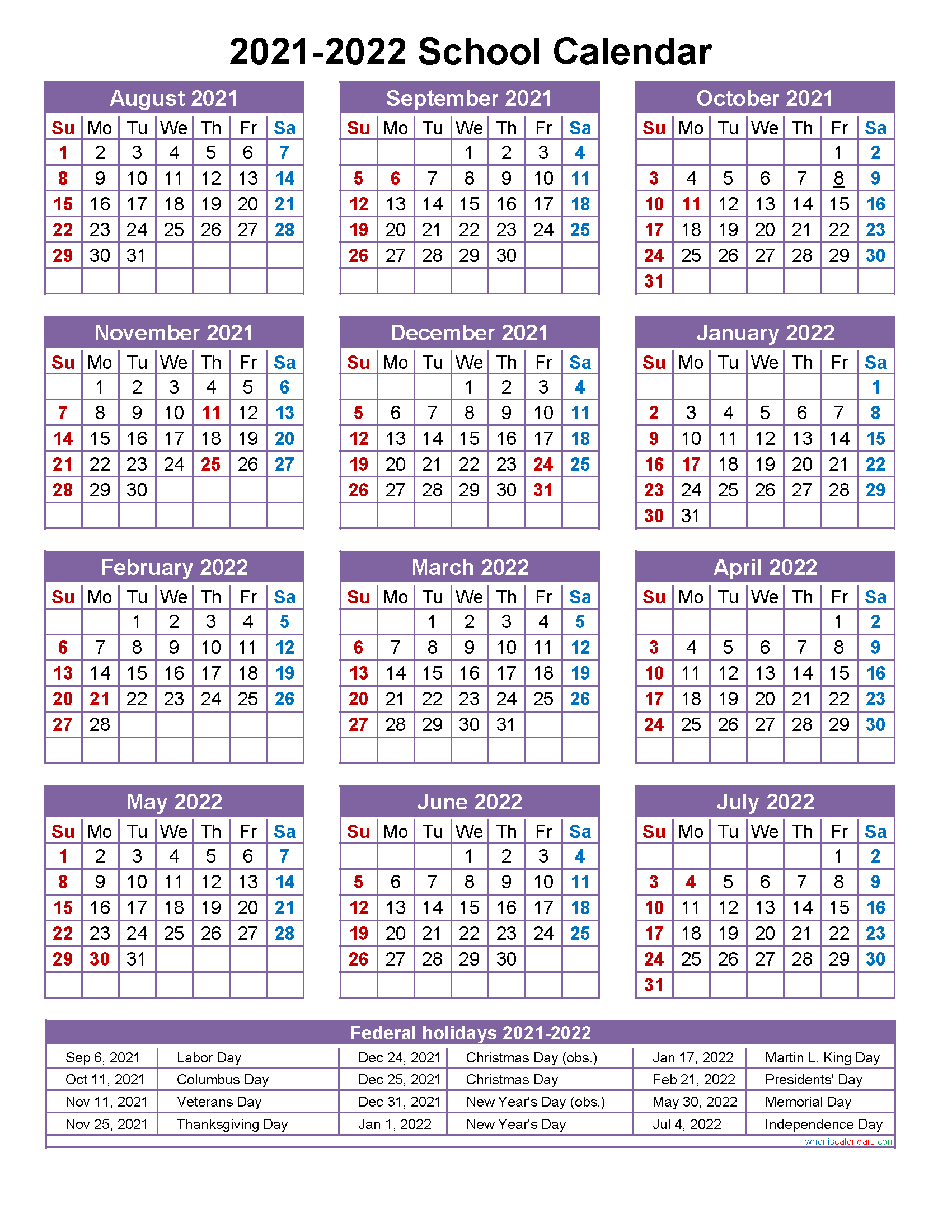 School Calendar 2021 And 2022 Printable (Portrait)- Template No.scl22A6-School Holidays Calendar For 2022