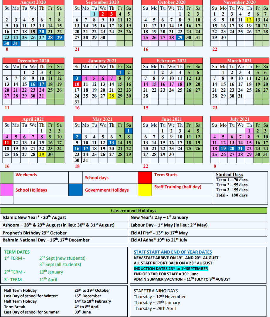 School-Calender - Mns Bahrain | Multinational School Bahrain-Key Calendar Dates 2022 Uk