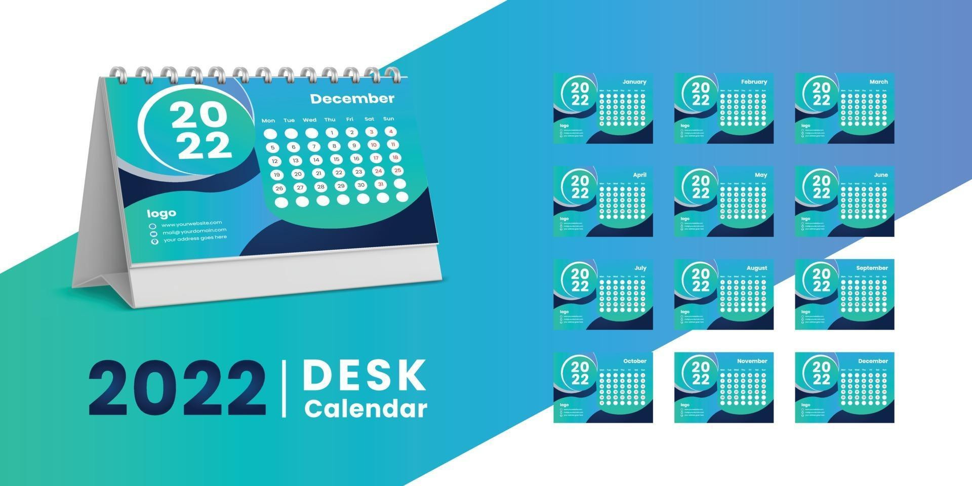 Set Desk Calendar 2022 Template Design,Set Of 12 Months, 3044555 Vector-2022 Calendar Vector Free Download