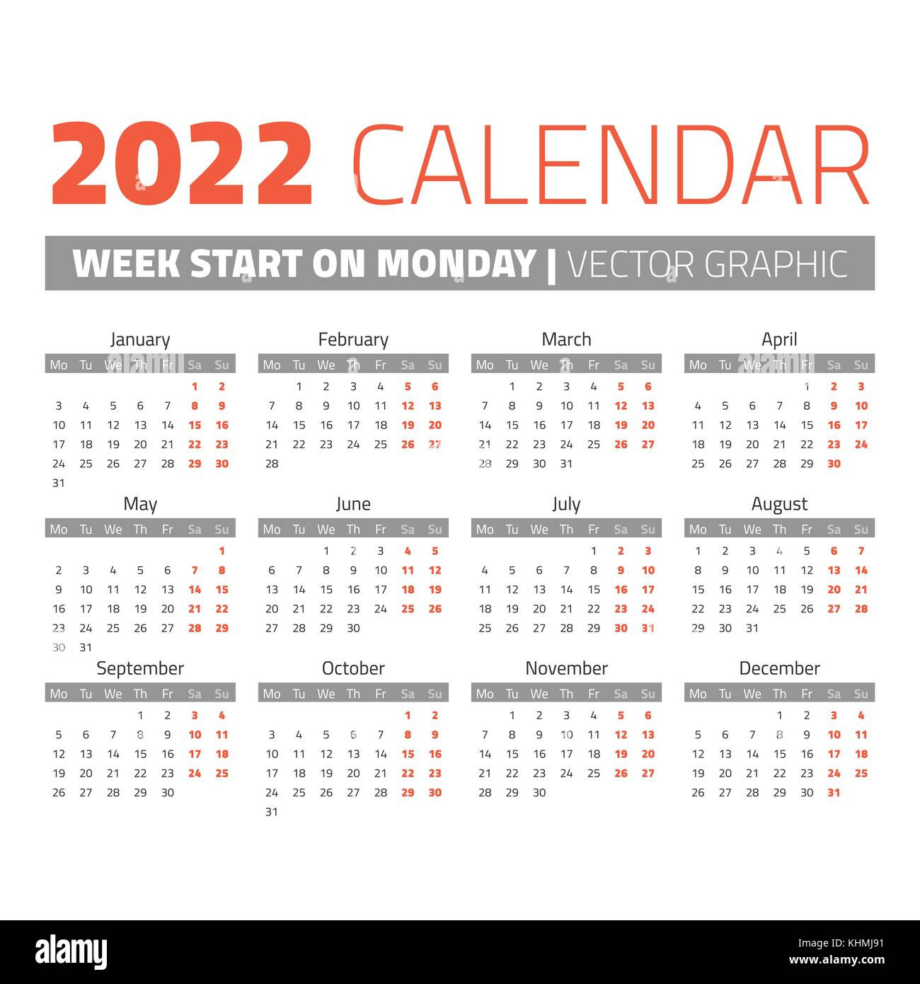 Simple 2022 Year Calendar Stock Vector Art &amp; Illustration, Vector Image-2022 Calendar Vector Free Download