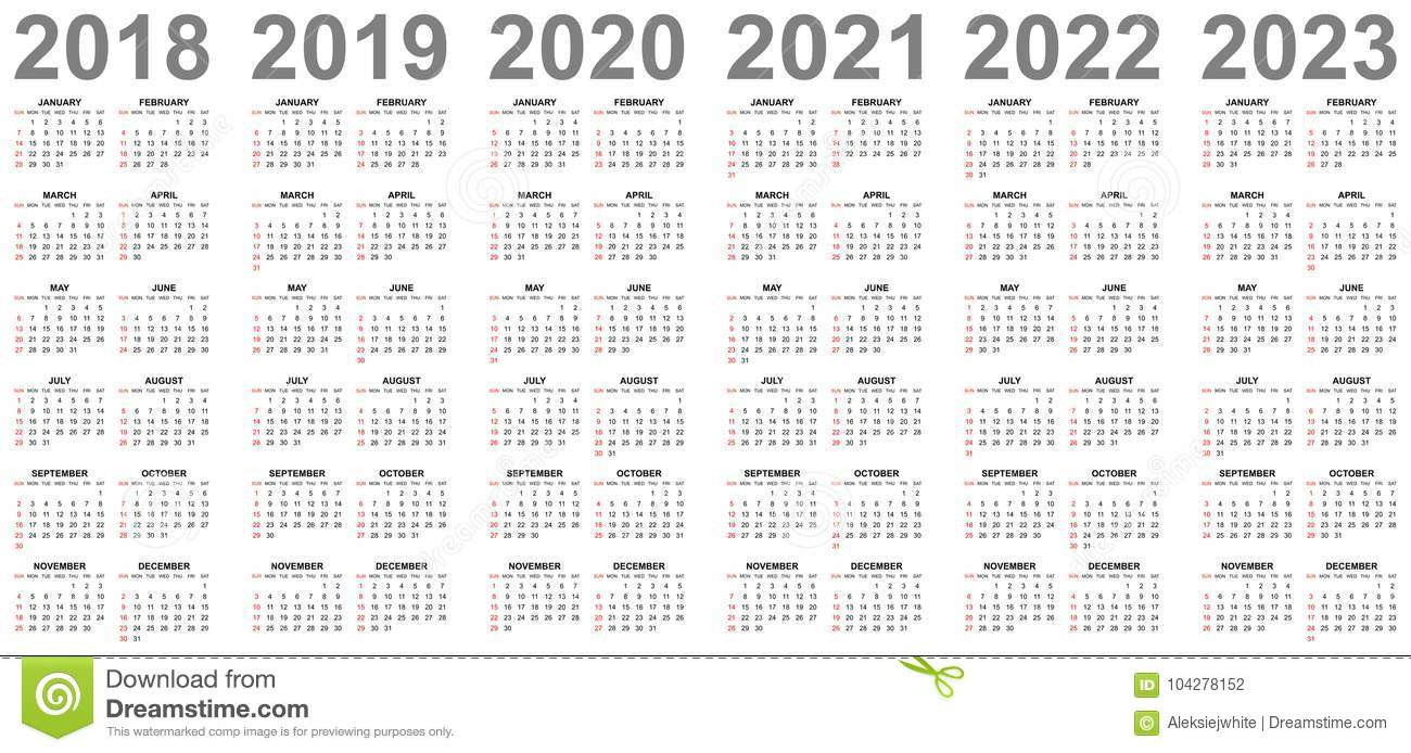 Simple Calendars For Years 2018 2019 2020 2021 2022 2023 Sundays In Red-3 Year Calendar 2019 To 2022 Printable