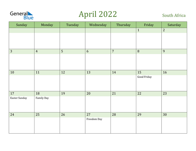 South Africa April 2022 Calendar With Holidays-2022 Calendar South Africa Pdf